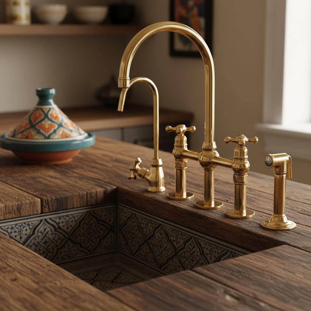 Unlacquered Brass Bridge Kitchen Faucet – Solid Brass Farmhouse Tap with Sprayer