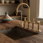 Unlacquered Brass Bridge Kitchen Faucet – Solid Brass Farmhouse Tap with Sprayer