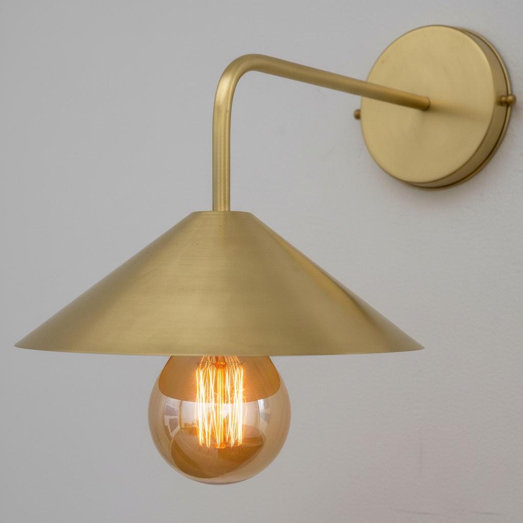 Unlacquered Brass Wall Light – Handmade Straight Arm Cone Shade Sconce for Bathroom or hallways