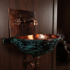 Handmade Turquoise Patina Copper Wall Mount Sink with Hammered Interior for Rustic Luxury Bathrooms