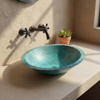 Handcrafted Oval Copper Vessel Basin with Turquoise Patina for Luxury Bathroom Vanity