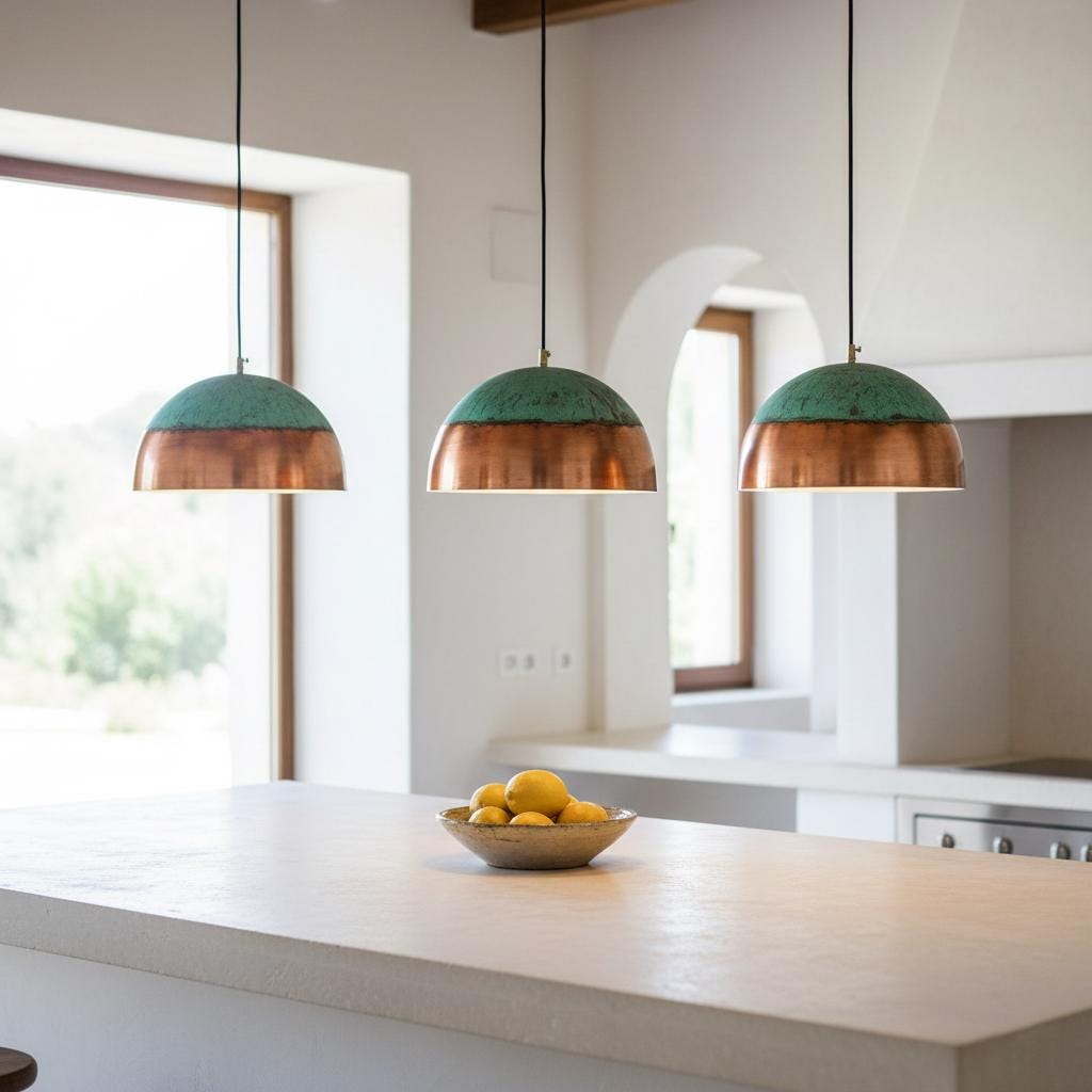 Handmade Copper Dome Pendant Light with Natural Green Patina for Indoor & Outdoor Covered Spaces