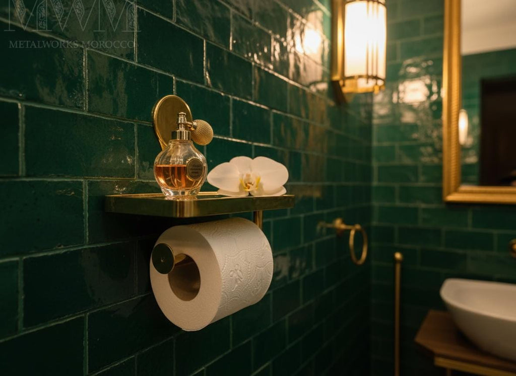 Bathroom with green tiles, toilet paper holder, and decorative items.