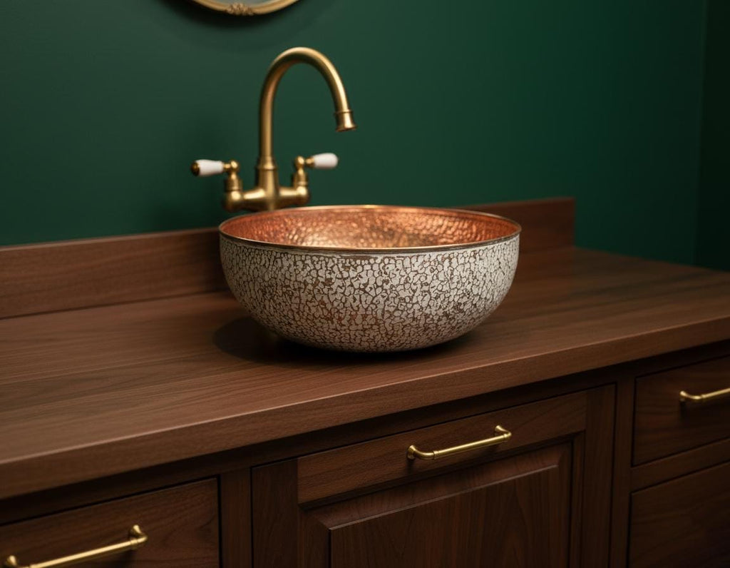 Handmade White Crackle Patina Copper Vessel Sink with Hammered Interior for Stylish Luxury Bathrooms