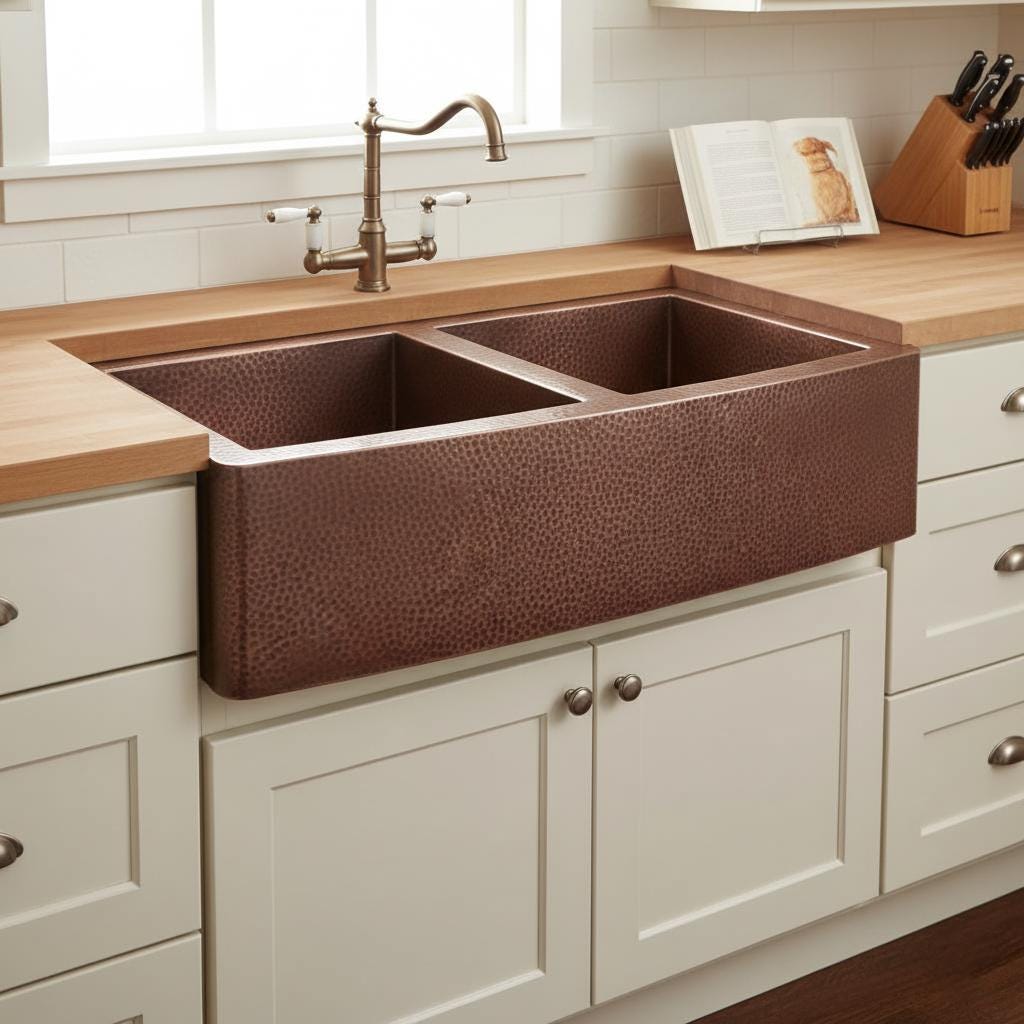 Handmade Hammered Copper Farmhouse Apron Front Double Bowl Sink for Modern Luxury Kitchen Designs
