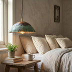 Handcrafted Copper Pendant Light with Fire Finish and Verdigris Patina Exterior Dome