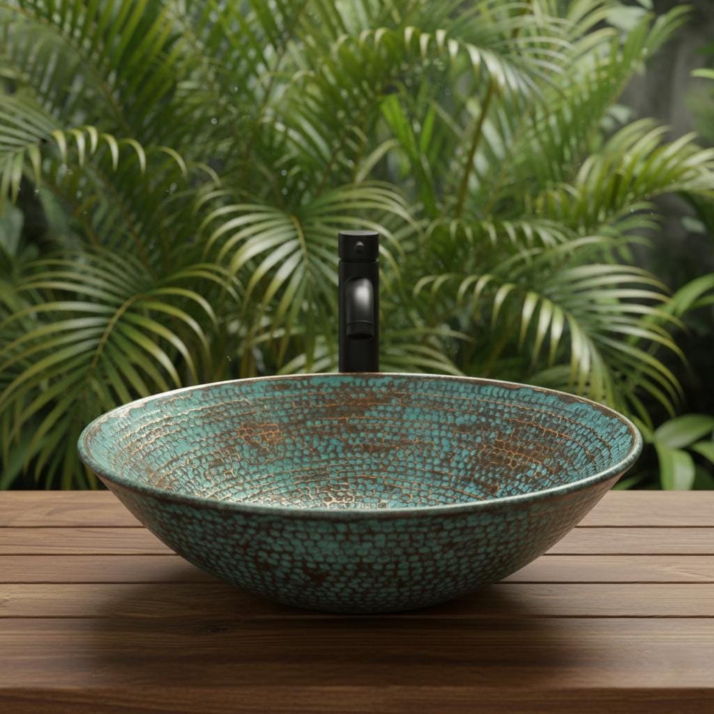 Turquoise mosaic sink on a wooden surface with green foliage in the background