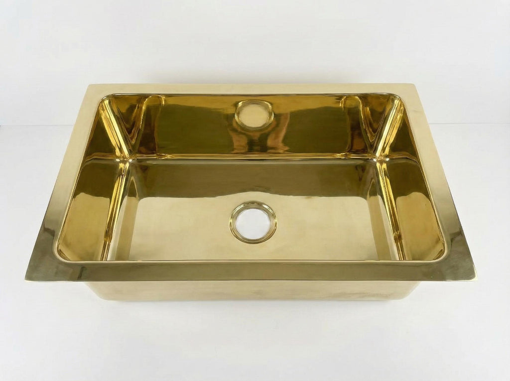 Rectangular Undermount Polished Brass Kitchen Basin – Handmade Solid Brass Prep Sink for Island, Bar or Modern Countertop