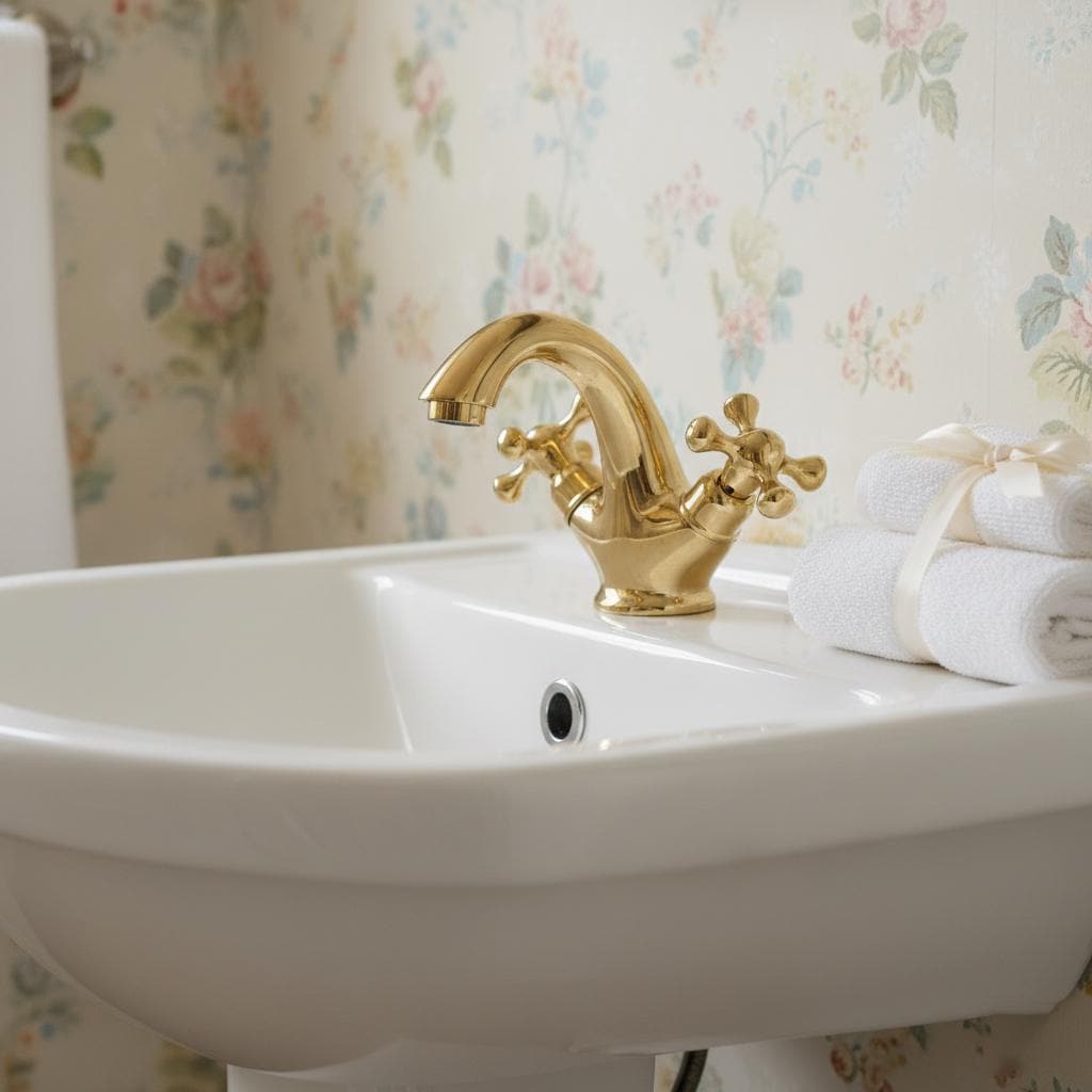 Unlacquered Brass Bathroom Faucet – Handmade Solid Brass Basin Mixer Tap with Dual Cross Handles, Classic Vanity Sink Fixture