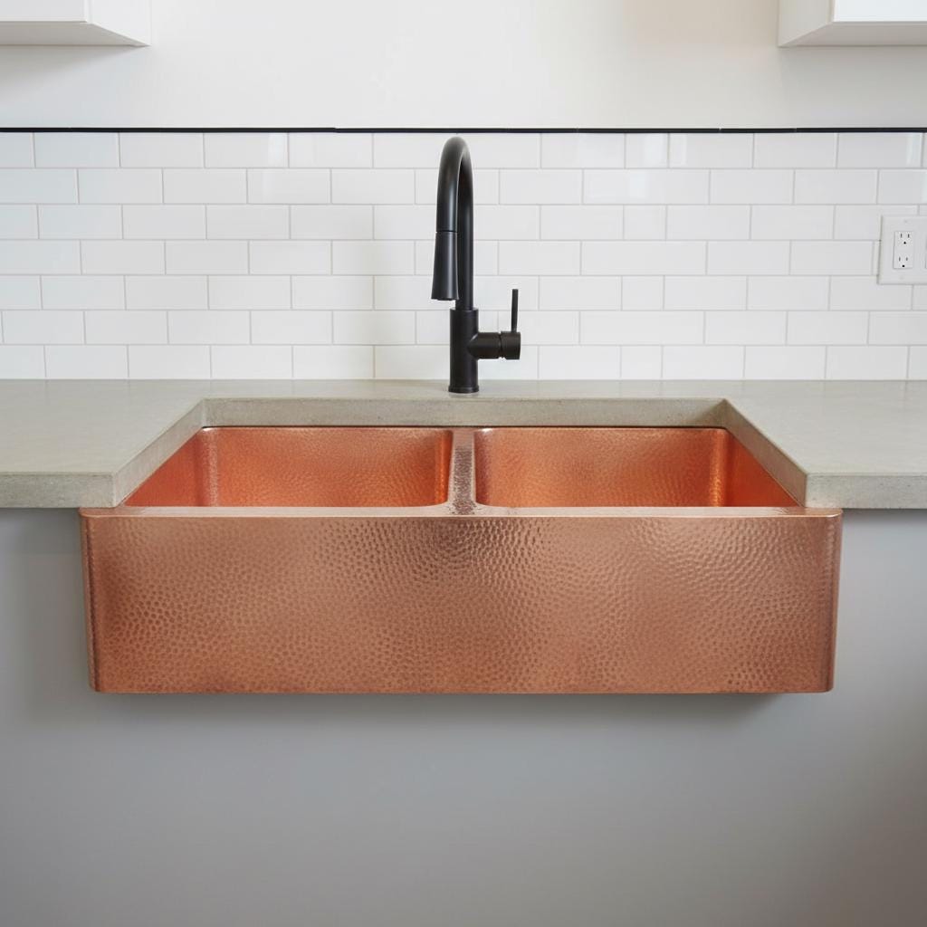 Handmade Hammered Double Bowl Farmhouse Sink Solid Copper Apron Front Kitchen Basin Design