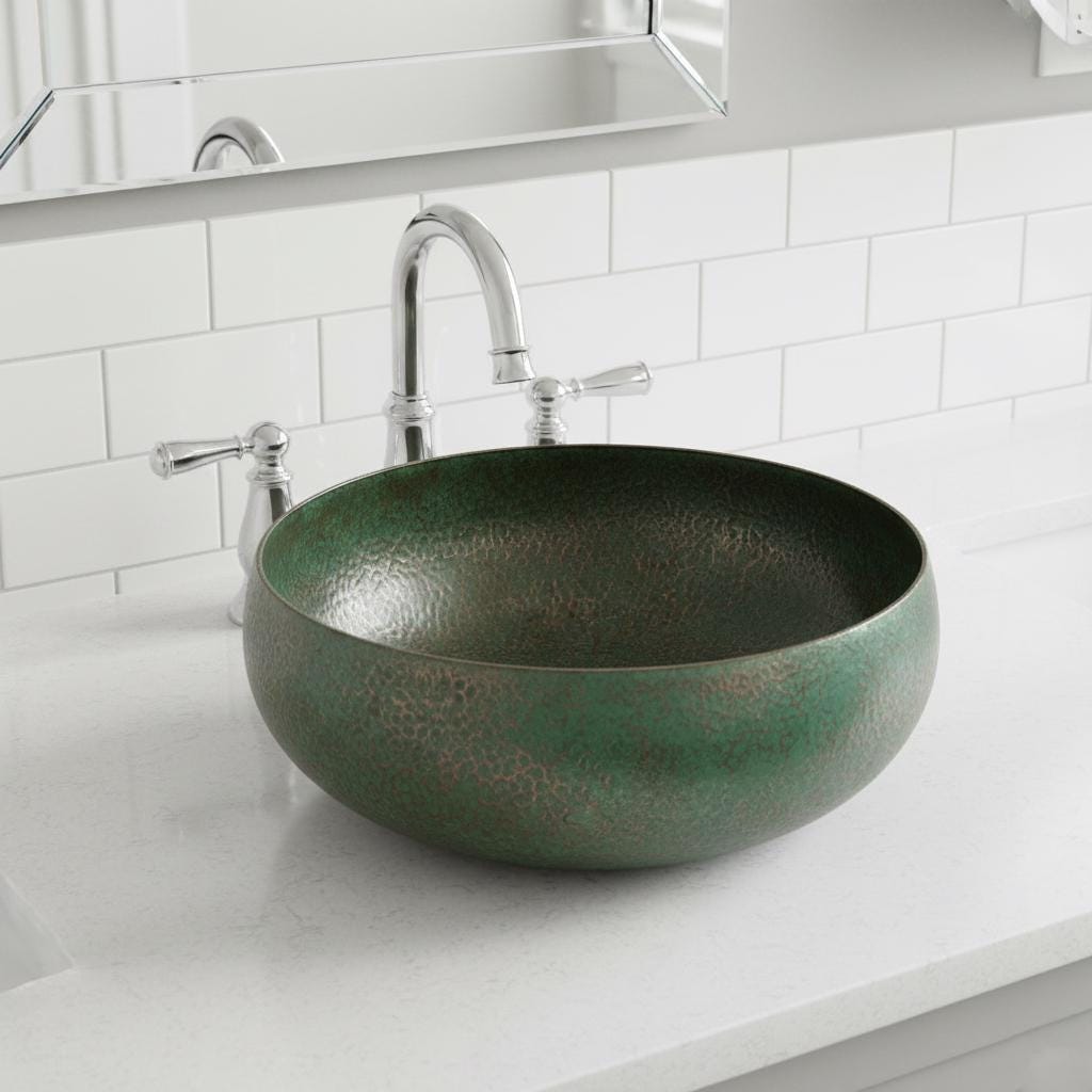 Handcrafted Verdigris Copper Vessel Basin Round Patina Bathroom Washbowl Countertop Mount