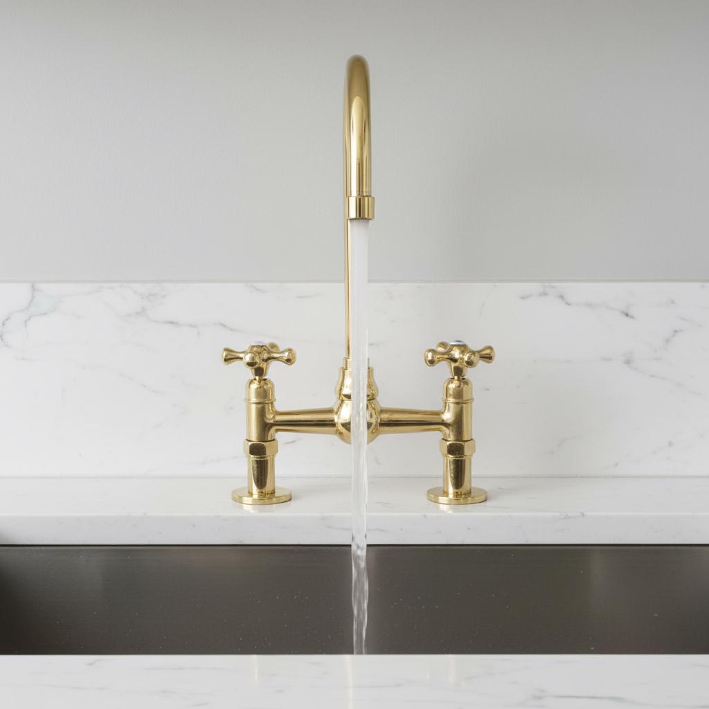 Handmade Solid Brass Bridge Faucet – Polished Brass Kitchen Mixer Tap with Gooseneck Spout, Classic Farmhouse Sink Fixture