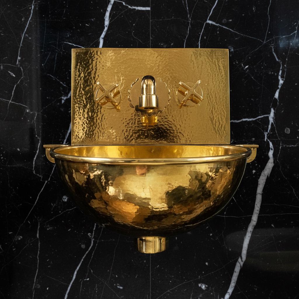 Handmade Hammered Solid Brass Wall Mount Sink with Faucet for Luxury High-End Bathroom Designs