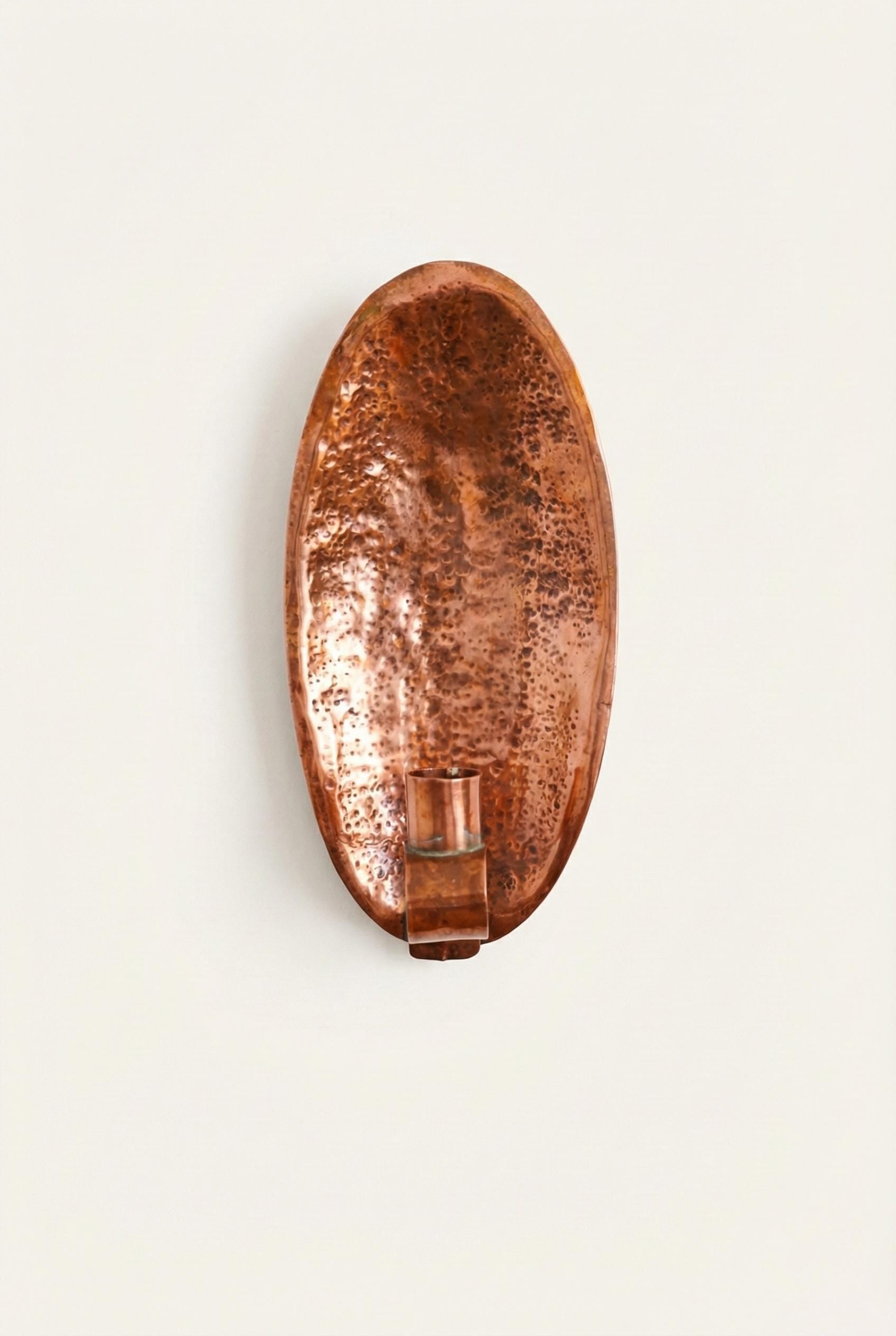 Pair of Unlacquered Copper Wall Candle Holder Hammered Oval Brass Style Sconce