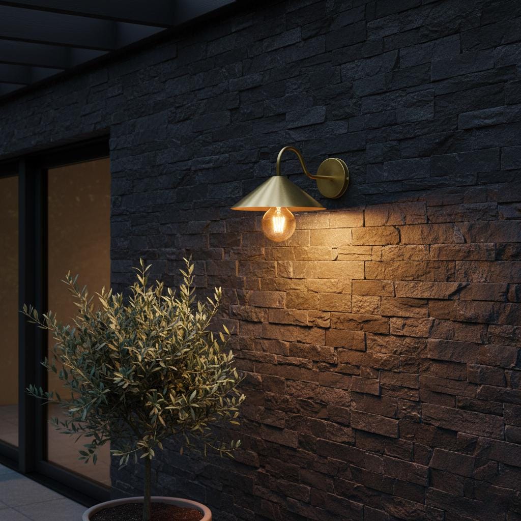 Unlacquered Brass Wall Light – Handmade Cone Shade Sconce with Curved Arm for Outdoor & Indoor