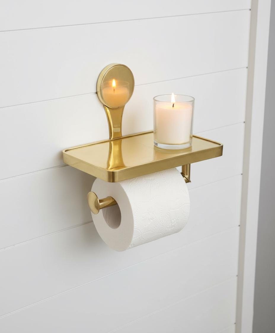 Gold wall-mounted shelf with a candle and toilet paper roll against a white tiled wall.