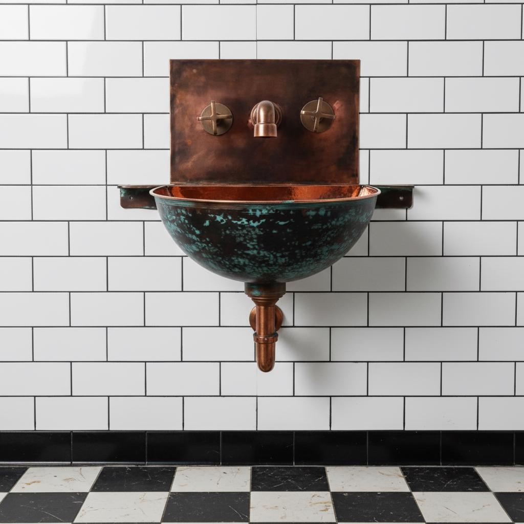 Handmade Turquoise Patina Copper Wall Mount Sink with Hammered Interior for Rustic Luxury Bathrooms