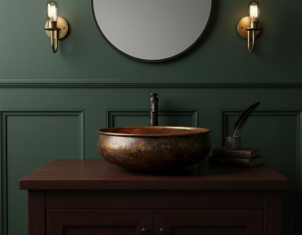Handmade Fire Patina Copper Vessel Sink with Aged Finish for Luxury Bathroom Vanity Designs