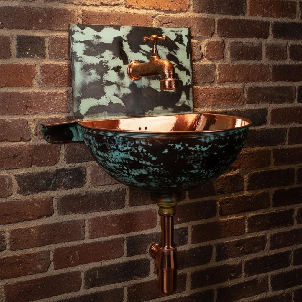 Handmade Turquoise Patina Copper Wall Mount Sink with Faucet for Luxury Artistic Bathroom Designs
