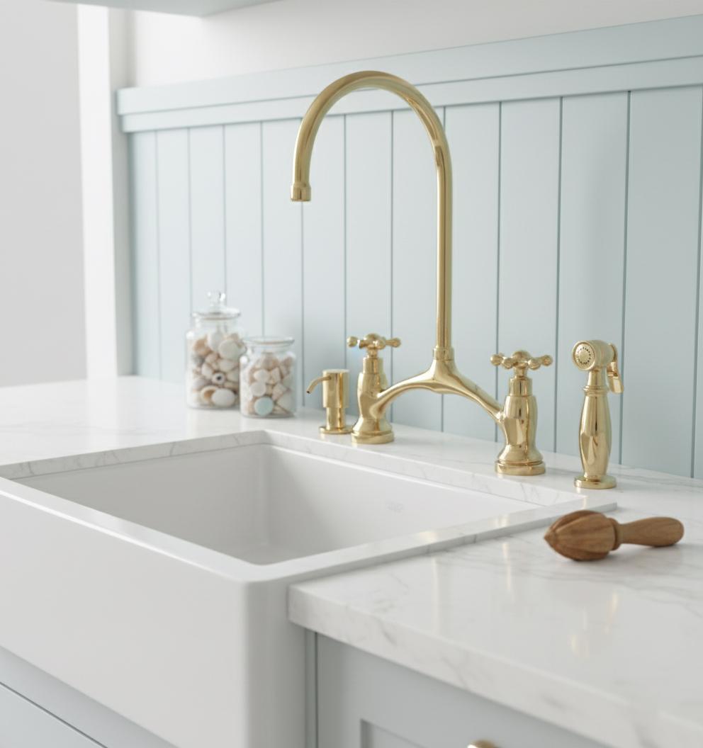 Unlacquered Brass Bridge Kitchen Faucet with Sprayer and Soap dispenser, Handmade Solid Brass Farmhouse Sink Mixer