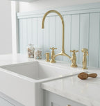 Unlacquered Brass Bridge Kitchen Faucet with Sprayer and Soap dispenser, Handmade Solid Brass Farmhouse Sink Mixer