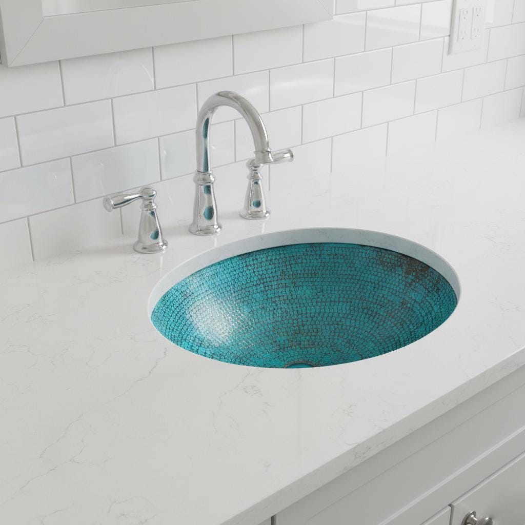 Handcrafted Oval Copper Vessel Basin with Turquoise Patina for Luxury Bathroom Vanity