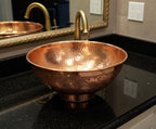 Handmade Solid Copper Vessel Sink with Engraved Bowl Design, Bathroom Vanity Countertop Basin
