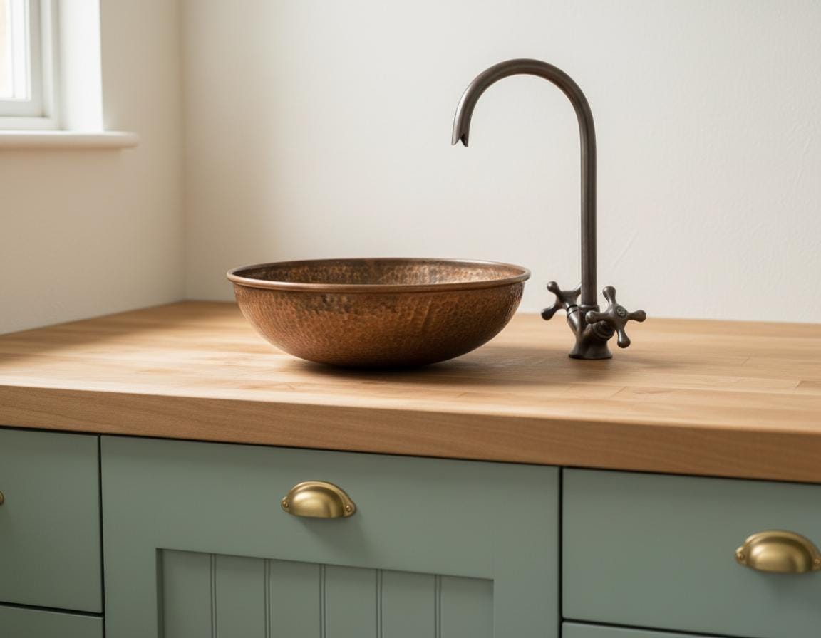 Handmade Hammered Copper Vessel Sink with Aged Bronze Faucet for Rustic Luxury Bathroom Designs