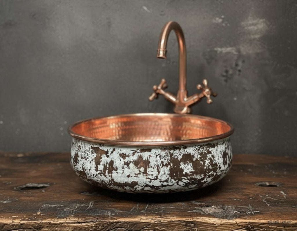 Handmade Patina Copper Vessel Sink with Hammered Interior for Luxury Bathroom Vanity Designs