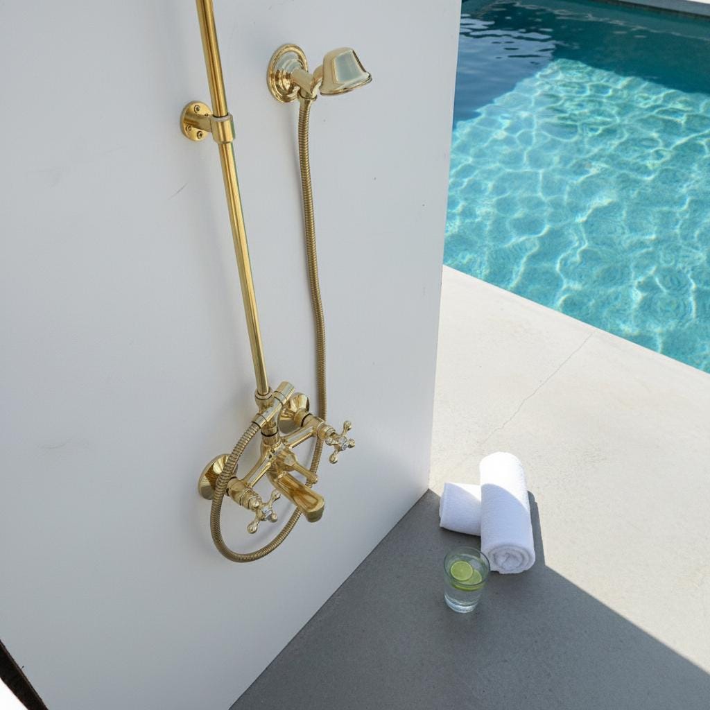 Curved Brass Shower System – Unlacquered Solid Brass Gooseneck Rain Shower with Handheld Sprayer