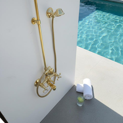 Curved Brass Shower System – Unlacquered Solid Brass Gooseneck Rain Shower with Handheld Sprayer