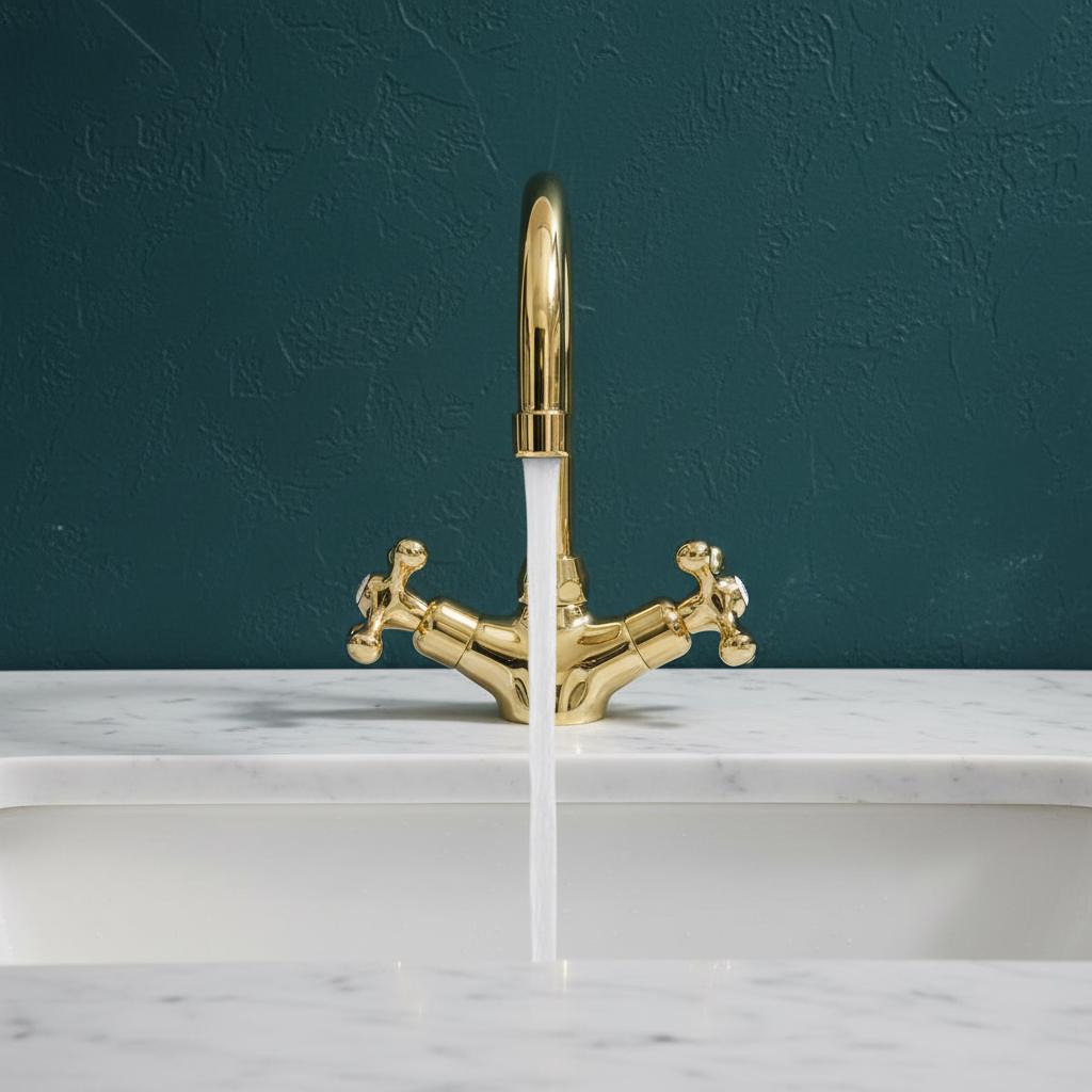 Gold faucet with water flowing on a marble surface against a dark teal wall