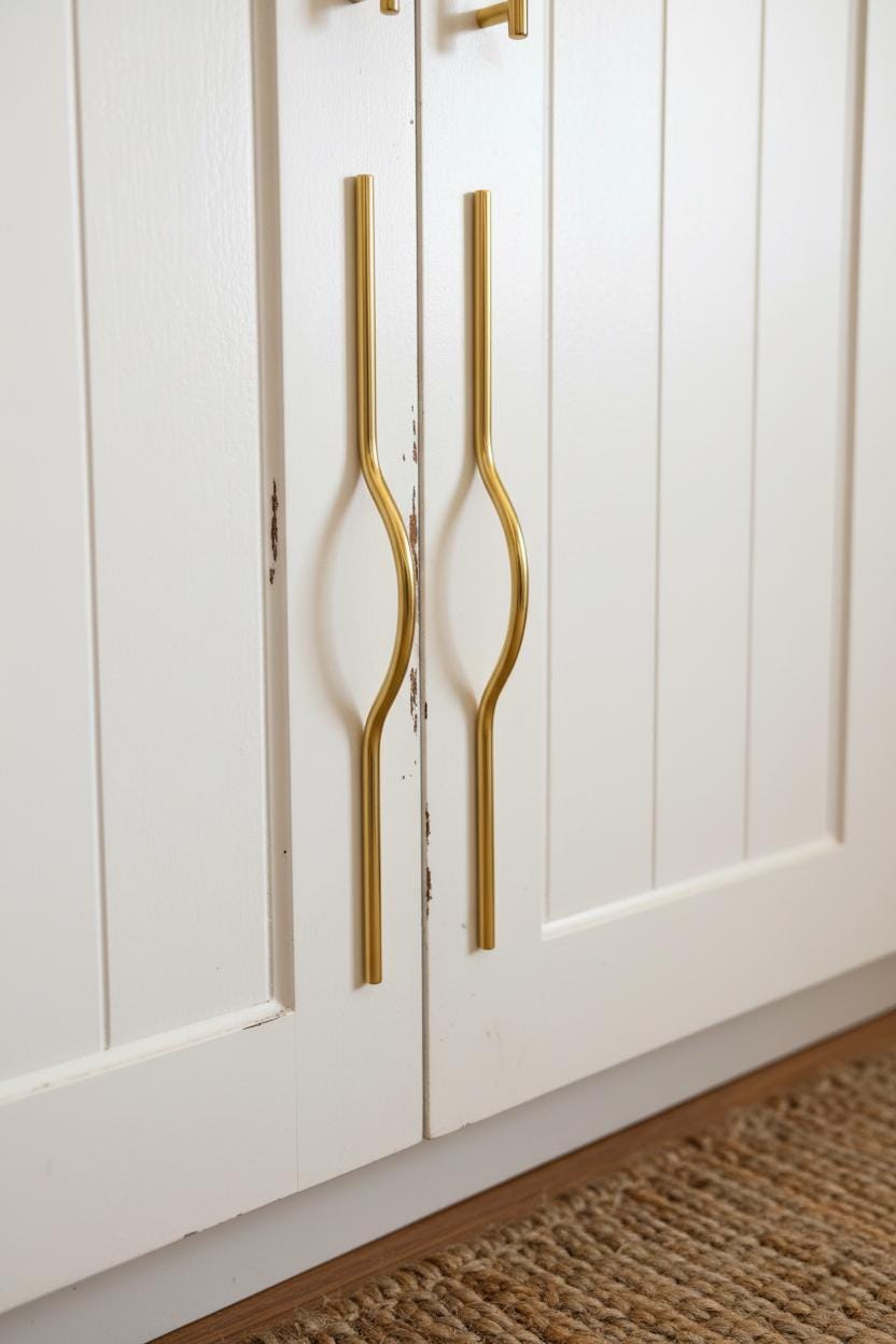 White cabinet doors with gold handles on a wooden floor.