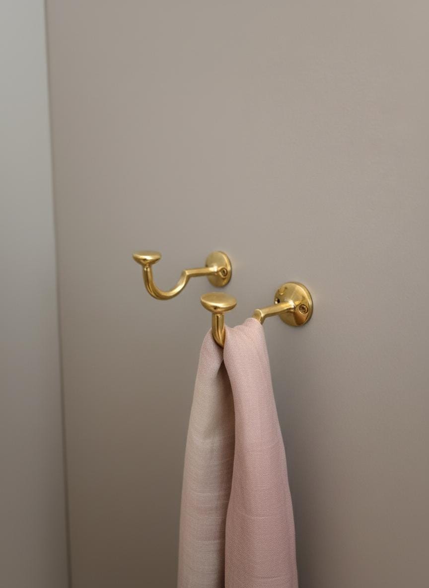 Set of Two Solid Brass Wall Hooks – Unlacquered Minimalist Coat & Towel Hangers Set