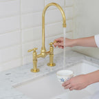 Polished Solid Brass Bridge Faucet, Handmade Kitchen Mixer Tap with Gooseneck Spout for Farmhouse Sinks