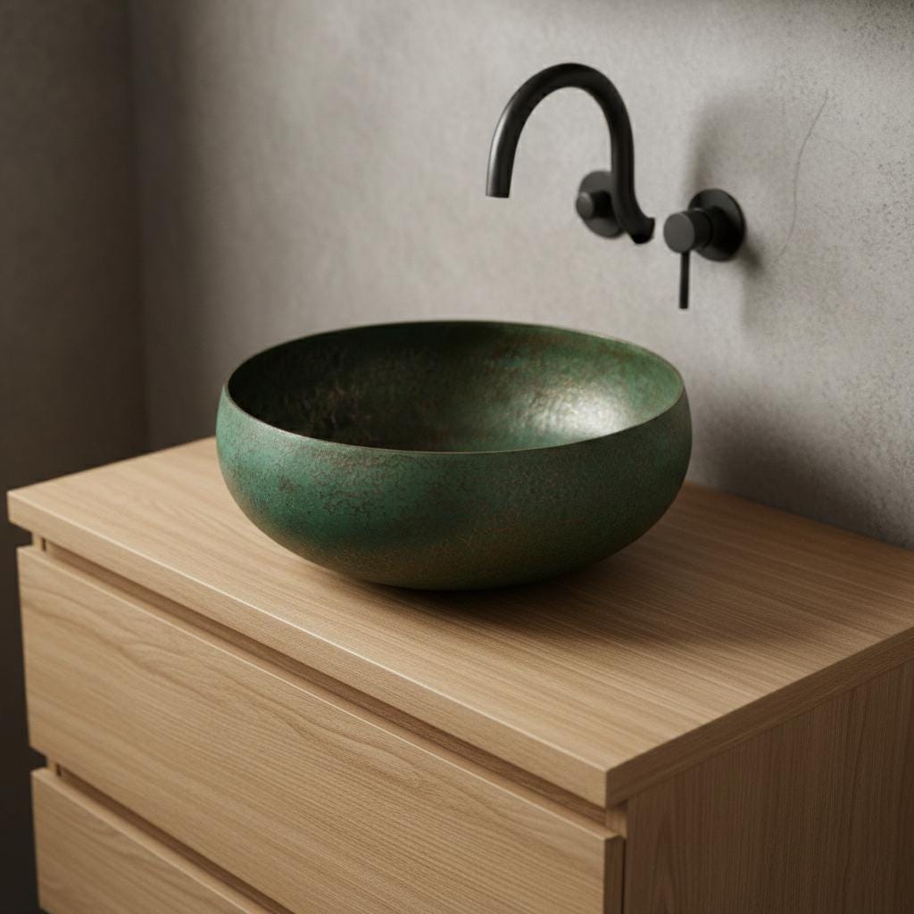 Handcrafted Verdigris Copper Vessel Basin Round Patina Bathroom Washbowl Countertop Mount