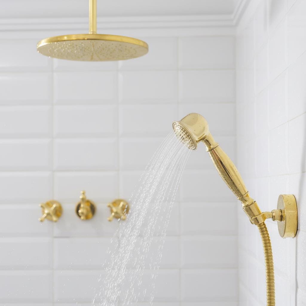 Unlacquered Solid Brass Ceiling Shower System – Complete Handcrafted Bathroom Set with Rain Head, Handheld & Mixer