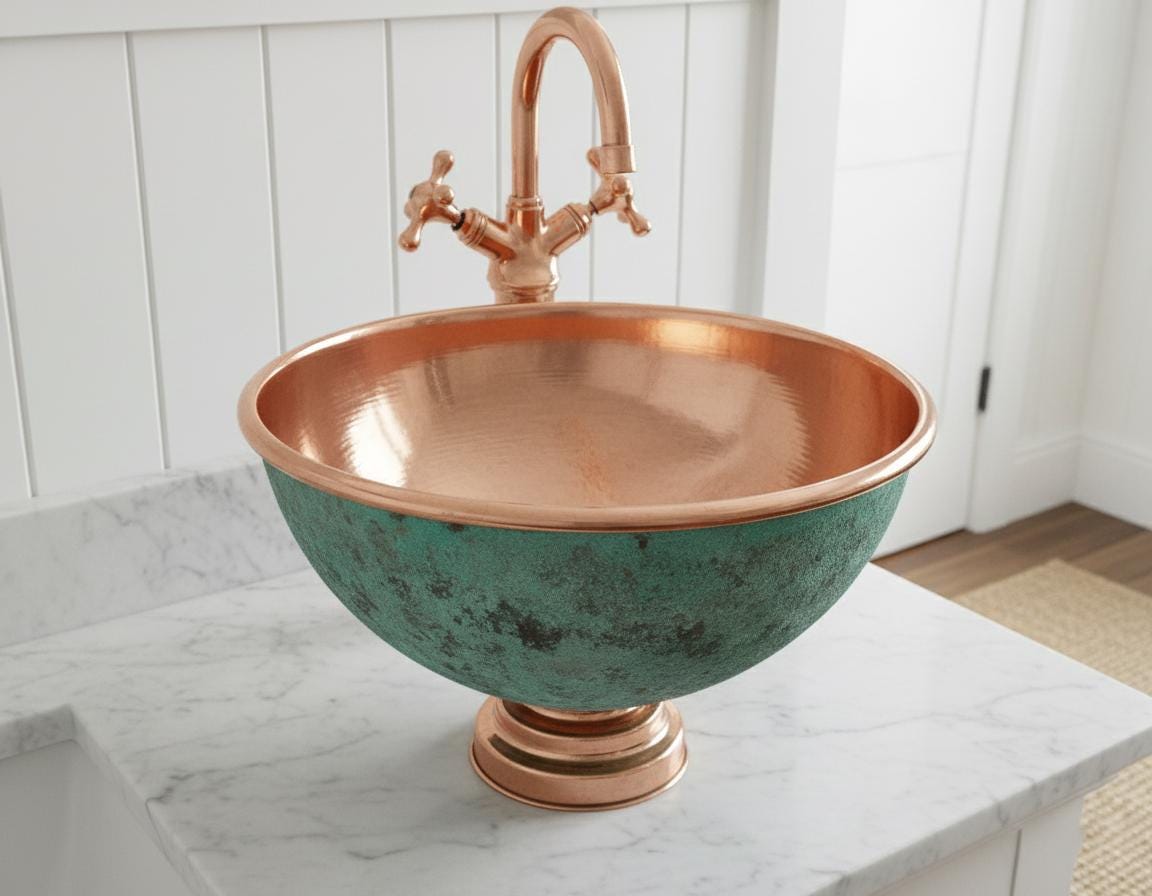 Handmade Turquoise Patina Copper Vessel Sink with Faucet for Luxury Artisan Bathroom Vanity Designs