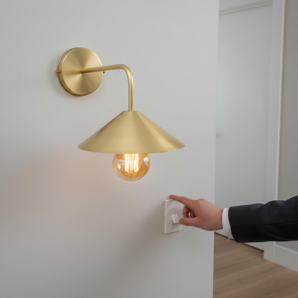 Unlacquered Brass Wall Light – Handmade Straight Arm Cone Shade Sconce for Bathroom or hallways