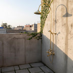 Curved Brass Shower System – Unlacquered Solid Brass Gooseneck Rain Shower with Handheld Sprayer