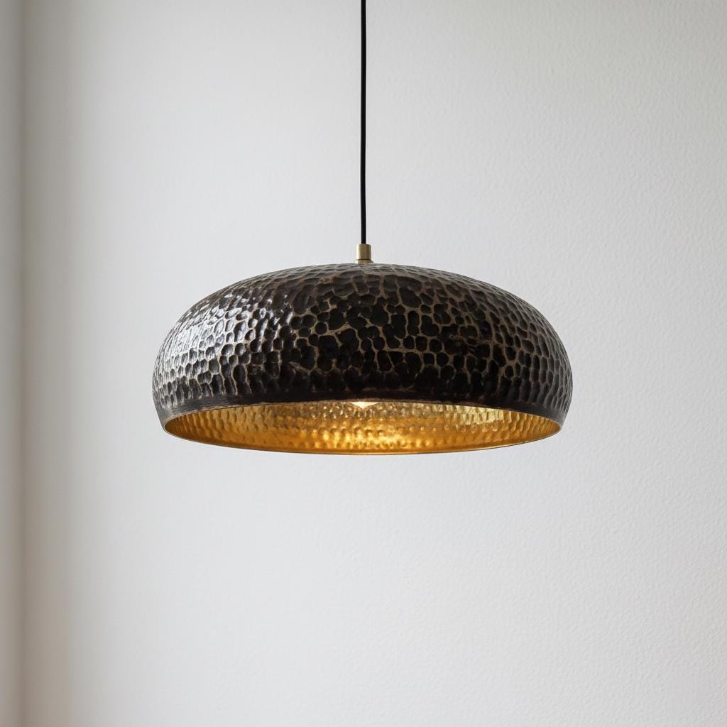 Handmade Hammered Brass Dome Pendant Light with Warm Brass Interior Ceiling Fixture