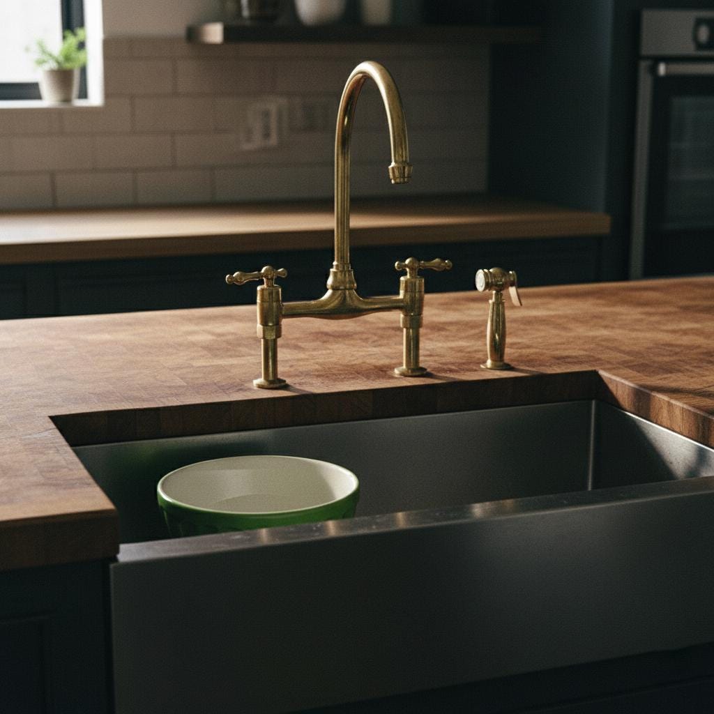 Unlacquered Brass Bridge Kitchen Faucet with Side Sprayer – Farmhouse Sink Mixer Tap, Solid Brass Fixture