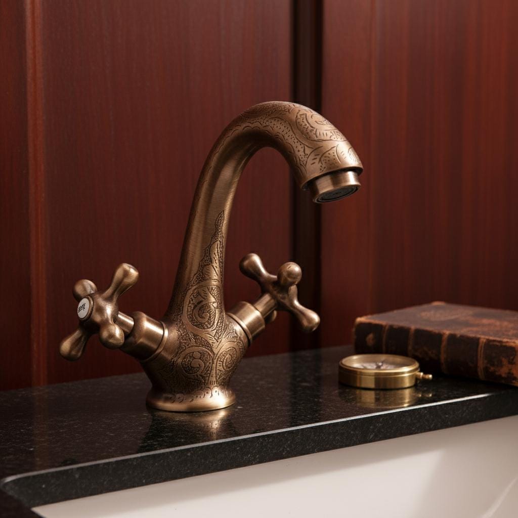 Bronze faucet on a dark countertop with a wooden background