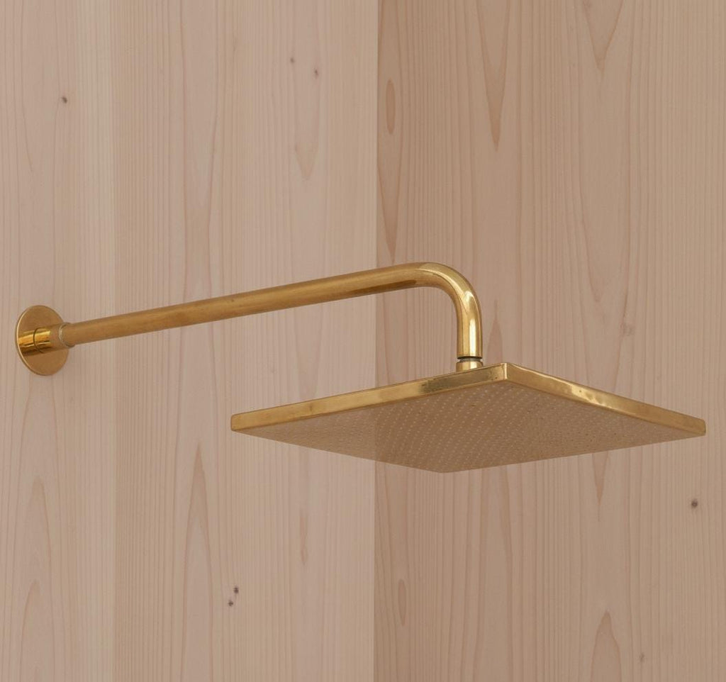 Unlacquered Solid Brass Square Rainfall Shower Head – Handmade Wall Mount Shower Arm