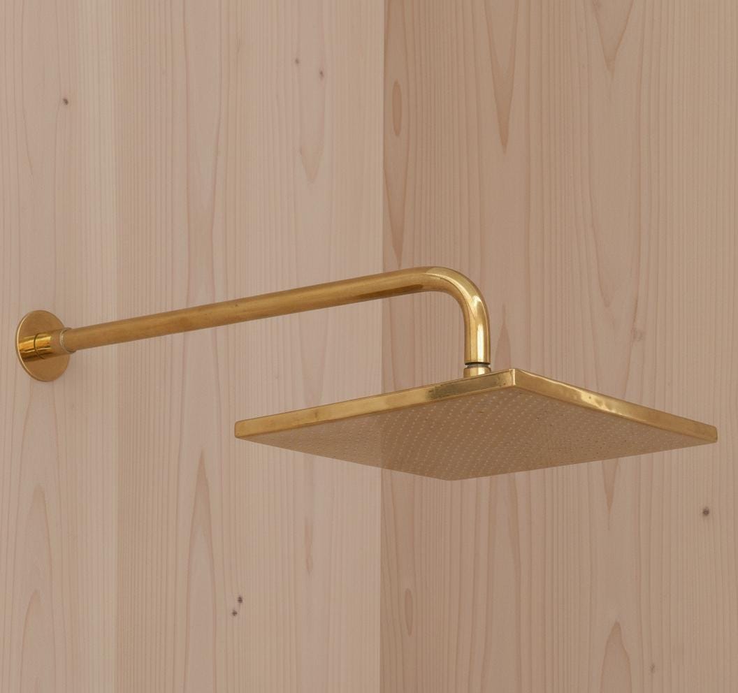 Unlacquered Solid Brass Square Rainfall Shower Head – Handmade Wall Mount Shower Arm