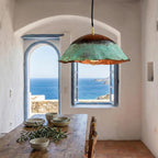 Handcrafted Copper Pendant Light with Fire Finish and Verdigris Patina Exterior Dome