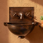 Handmade Aged Patina Copper Wall Mounted Bathroom Sink with Integrated Backsplash and Matching Mixer Faucet