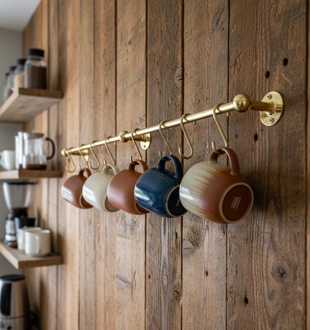 Solid Brass Kitchen Rail with Hooks – Unlacquered Hanging Utensil Bar for Wall