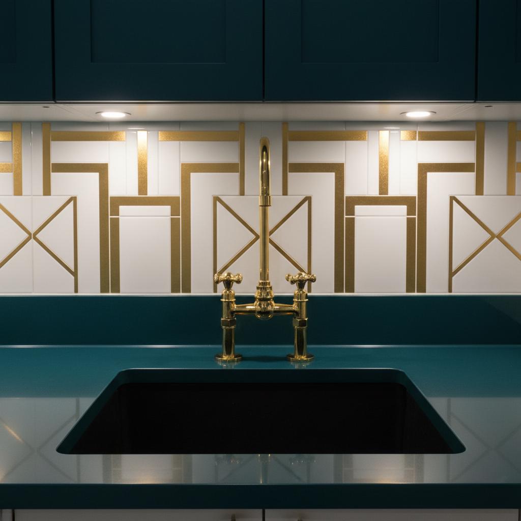 Modern kitchen with black sink, gold faucet, and geometric tile pattern.