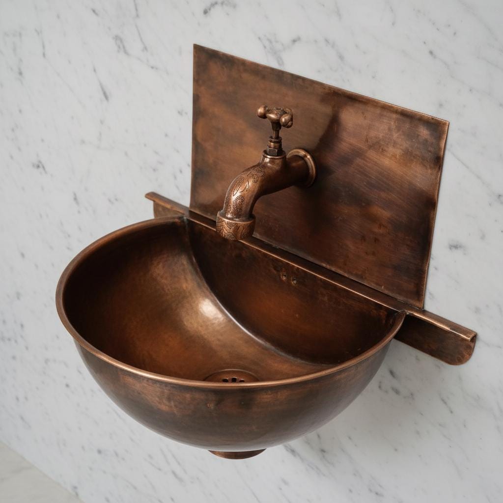 Handmade Solid Copper Wall Mount Bathroom Sink with Faucet and Backplate Vanity Basin